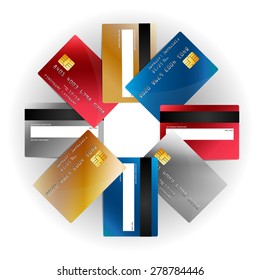 Vector plastic credit cards set, front and back view