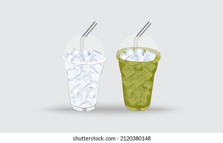 vector plastic glass holder with ice cubes and straws on light gray background