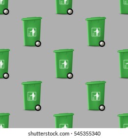 Vector Plastic Green Trashcan Seamless Pattern on Grey Background