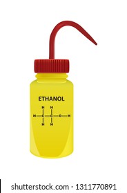 Vector plastic laboratory yellow wash bottle with ethanol or ethyl alcohol C2H6O. Polar chemical solvent. On the container is the name and formula of chemical substance. Isolated on a white background