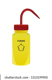 Vector plastic laboratory yellow wash bottle with furan C4H4O. Polar chemical solvent. On the container is the name and formula of chemical substance. Isolated on a white background