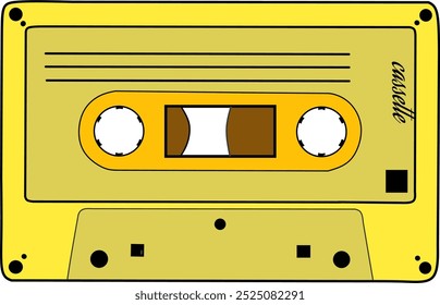 Vector de plástico viejo casete de grabación de audio color amarillo. Dibujo de un símbolo o icono de casete. Casete de cinta de música retro, estilo de los años 70 Grabaciones de audio de música de éxitos de los años 70, ilustración