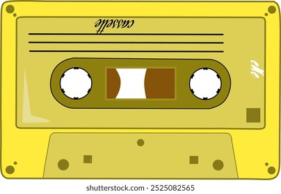 Vector de plástico viejo casete de grabación de audio de color amarillo oscuro. Dibujo de un símbolo o icono de casete. Casete de cinta de música retro, estilo de los años 70 Grabaciones de audio de música de éxitos de los años 90,