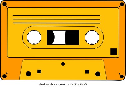 Vector de plástico viejo casete de grabación de audio color naranja. Dibujo de un símbolo o icono de casete. Casete de cinta de música retro, estilo de los años 70 Grabaciones de audio de música de éxitos de los años 70, mixtape