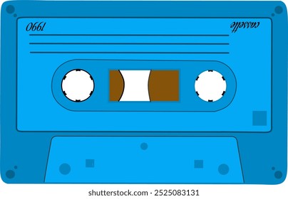 Vector de plástico viejo casete de grabación de audio color azul. Dibujo de un símbolo o icono de casete. Casete de cinta de música retro, estilo de los años 70 Grabaciones de audio de música de éxitos de los años 70, 80, 90, mixtape