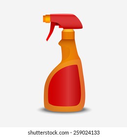 Vector plastic orange bottle. Dishwashing liquid, sprayer, spray. Vector icon illustration.