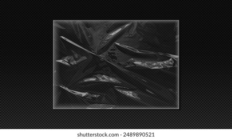 Vector plastic packaging with realistic crumpled effect. Rectangular plastic bag design, perfect for a CD cover, with a clear overlay on an isolated black background.