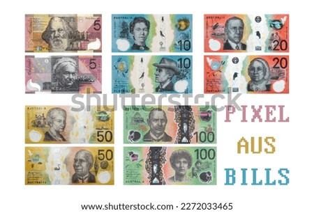 Vector plastic pixel money set of Australia. Mosaic banknotes, denominations of 5, 10, 20, 50 and 100 Australian dollars. White isolated background.