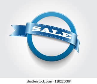 Vector plastic round badge / banner decorated with blue ribbon, "Sale"