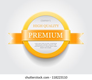 Vector plastic round badge / banner decorated with yellow ribbon, "Premium"