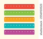 Vector plastic ruler 10 cm full color, red, green, yellow, blue, purple.