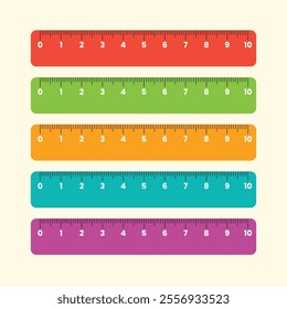 Vector plastic ruler 10 cm full color, red, green, yellow, blue, purple.