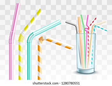 Vector plastic straw in glass cup set. Colorful twisted flexible straws for party cocktails. Colored pipes for alcohol or soft drinks. Transparent background illustration