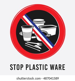 vector plastic, tableware, glass, bowl, cup, knife, fork, stick Lifter coffee, stop sign, environment, ban, the French flag,