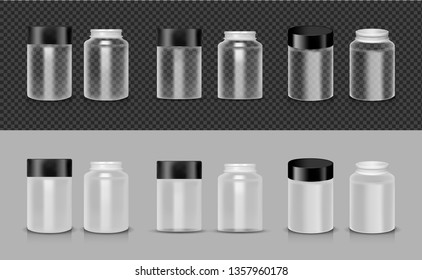 Vector plastic transparent bottle with black lid for cosmetic or food.