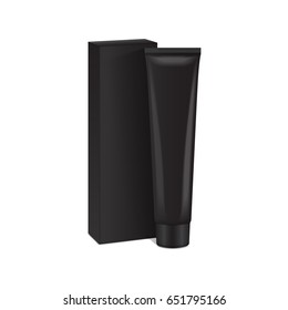 Vector plastic tube with black box for medicine or cosmetics - cream, gel, skin care, toothpaste. Packaging mockup template for your design