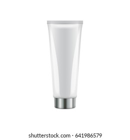 Vector plastic tube with round silver cap. Realistic white packaging mockup template for your design