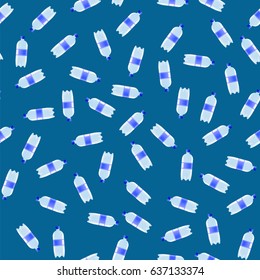 Vector Plastic Water Bottles Seamless Pattern on Blue Background