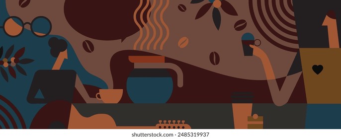 Vector Plat art wall mural illustration for coffee shop, cafe or restaurant