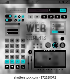 Vector plat transparent Web, mobile Elements, icons. Buttons and Labels, blur background