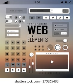 Vector plat transparent Web, mobile Elements, icons. Buttons and Labels, blur background