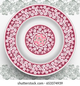 Vector plate with abstract decorative berry ornament on the side and in the middle. 