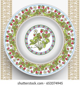 Vector plate with abstract decorative berry ornament on the side and in the middle. 