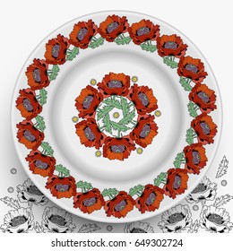 Vector plate with abstract decorative flowers poppies on the side and in the middle. 