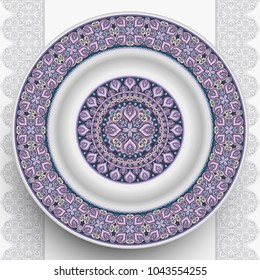 Vector plate with abstract decorative ornament on the background, side and in the middle. 