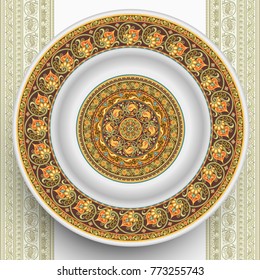 Vector plate with abstract decorative ornament on the background, side and in the middle. 