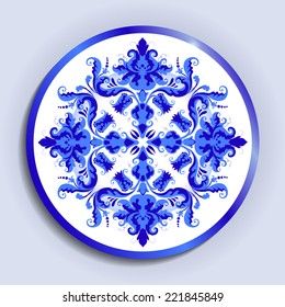 Vector plate with blue lace pattern. Home decor. Vector illustration for your design.