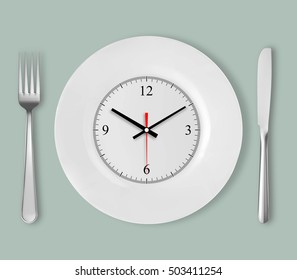  Vector plate with clock, fork and knife, realistic