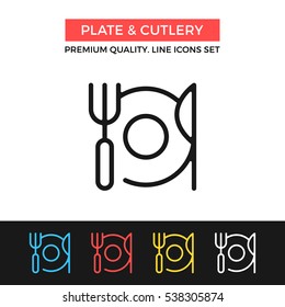 Vector plate and cutlery icon. Fork, plate and knife. Restaurant concept. Premium quality graphic design. Modern signs, symbols, thin line icons set for websites, web design, mobile app, infographics