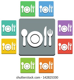 Vector Plate and cutlery icons - 'almost flat' style - 9 colors