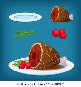 Vector plate with grilled meat and vegetables. All elements are isolated. Perfect for cooking games