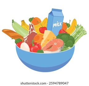Vector plate with healthy food. Vector illustration. Food in flat style. Vegetables, fruits, meat, fish, bread, milk, cheese eggs in blue bowl