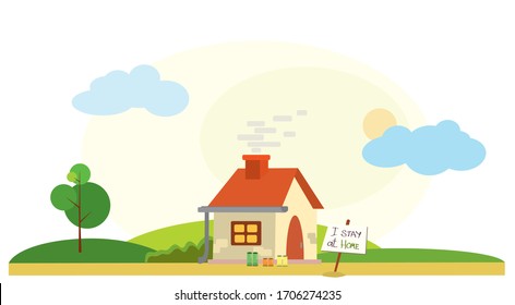 vector plate with the inscription on the background of the house with boots on the porch and the light in the window. I stay at home