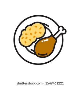 Vector plate with mashed potatoes and chicken icon. Flat illustration of plate with food isolated on white background. Icon vector illustration sign symbol.