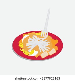 A vector plate of "mee rojak" on green background. Noodle serve with fritters, tofu, eggs and nut gravvy famous in Malaysia