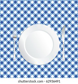 vector plate on blue square tablecloth