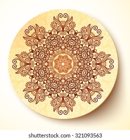 Vector plate with shadow with round floral ornament in Indian mehndi style