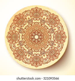 Vector plate with shadow with round floral ornament in Indian mehndi style