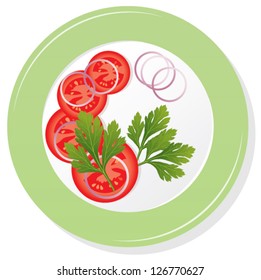 vector plate with sliced tomatoes, parsley and onion
