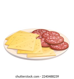 Vector plate with slices of cheese and sausage. Illustration of a plate with a sliced appetizer isolated on a white background.