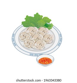 Vector- plate of steamed fish dumpling with dripping sauce.