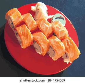 Vector plate with a sushi. Colored vector eat image for design