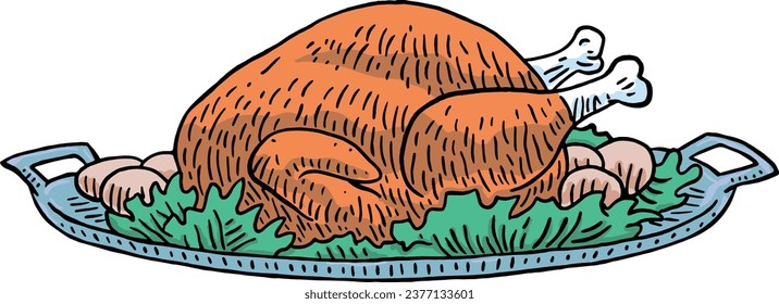 Vector Plated With Roasted Turkey Cartoon Doodle Art