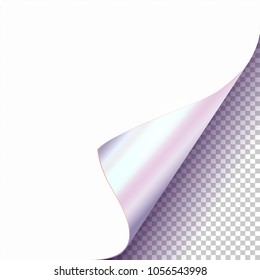 Vector Platinum Curled Glossy Foil Corner of White Paper with Shadow Mock up Close up Isolated on Transparent Background