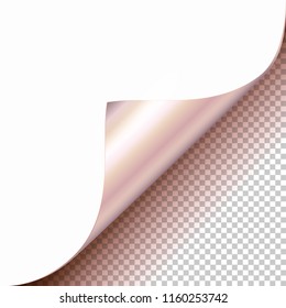 Vector Platinum Curled Glossy Foil Corner of White Paper with Shadow Mock up Close up Isolated on Transparent Background