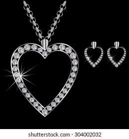 Vector platinum or silver diamond necklace heart-shaped with earrings